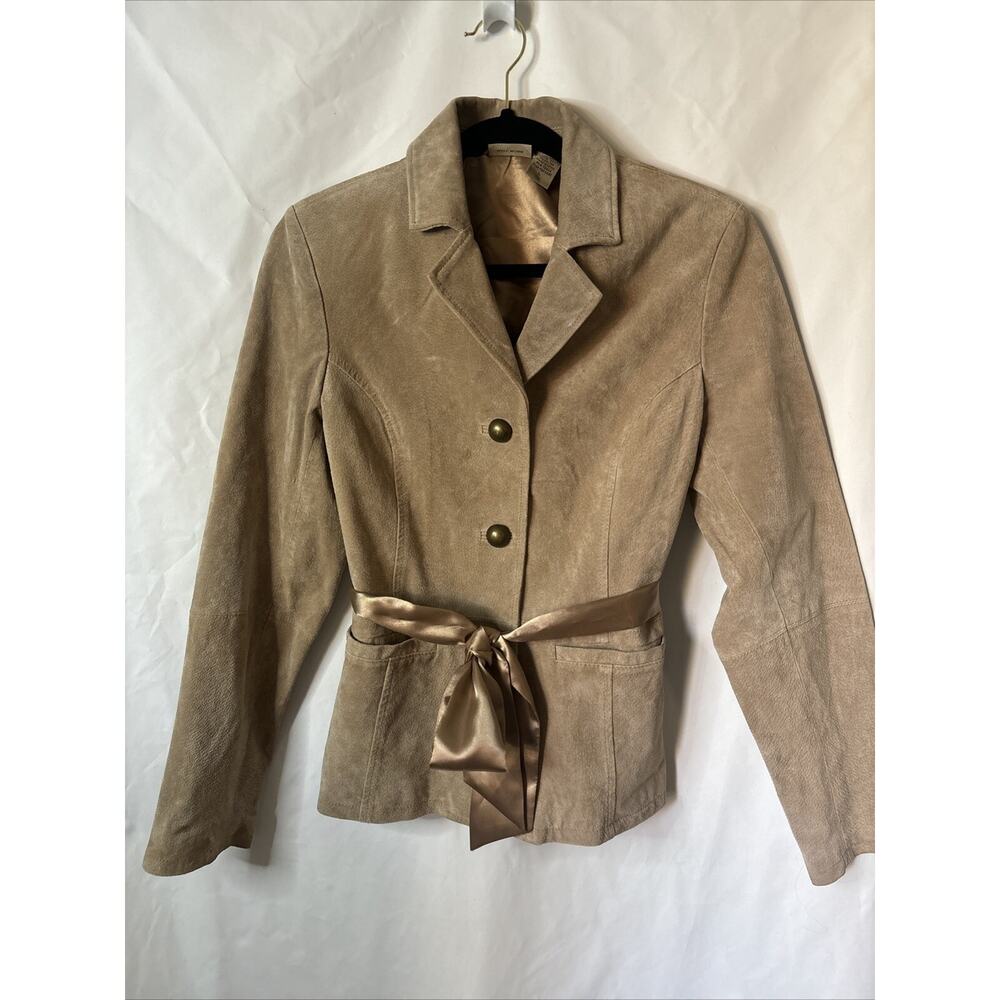 Leather RUFF HEWN Tan Suede Jacket/Blazer Womens Sz Large Satin Sash